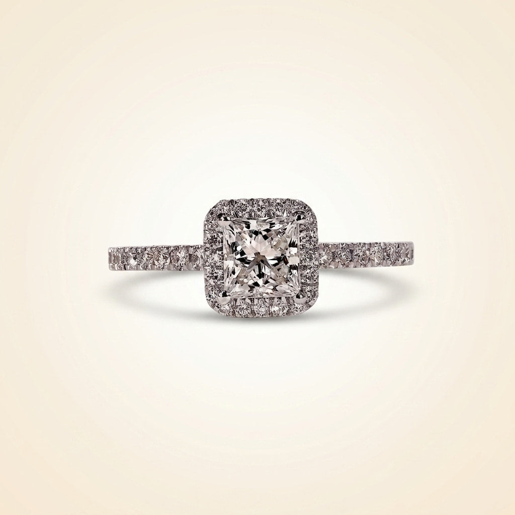 princess cut diamond halo engagement ring with pave band
