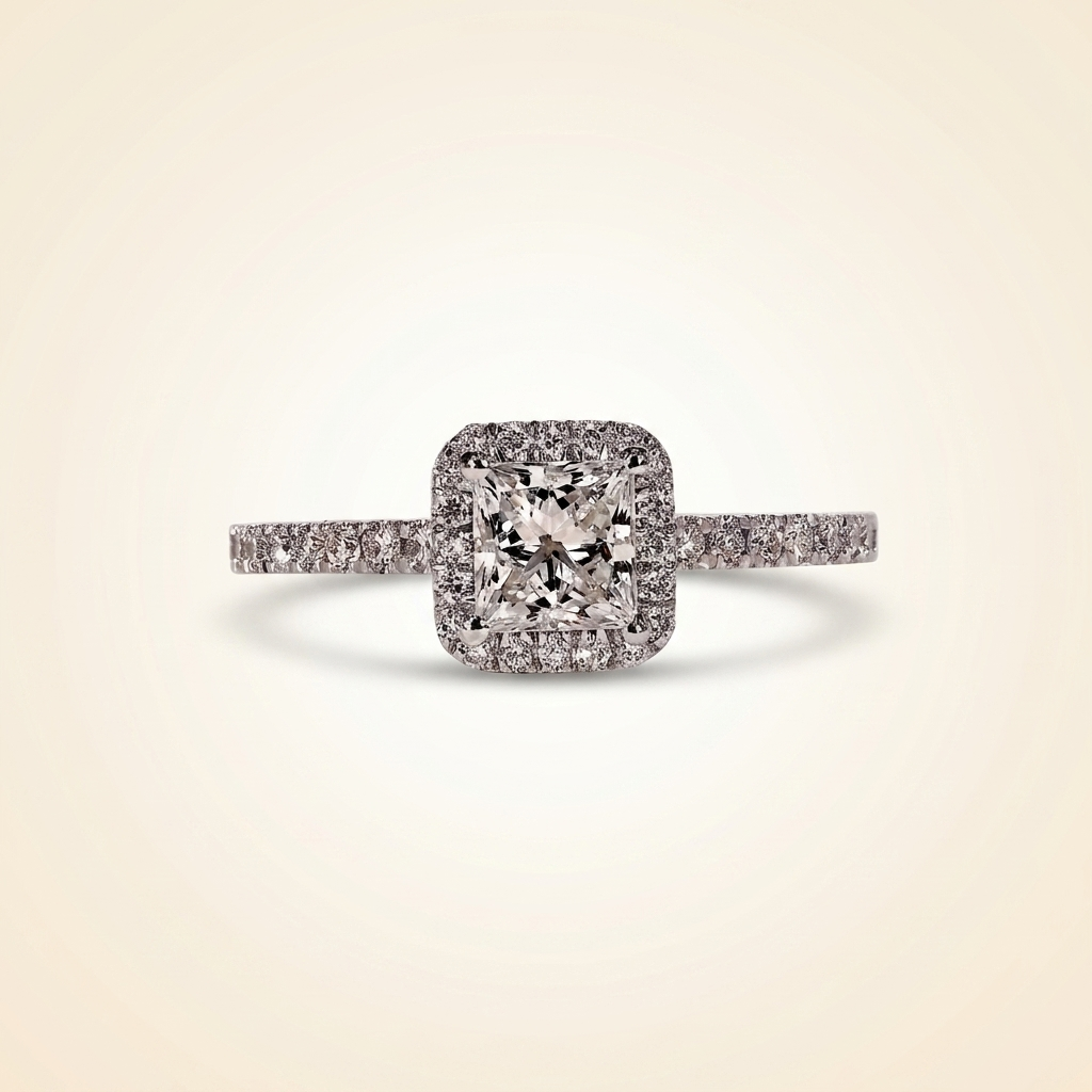 princess cut diamond halo engagement ring with pave band