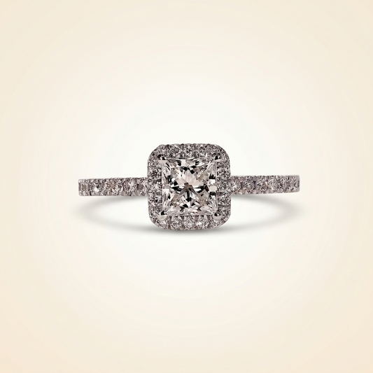 Princess Cut Diamond Halo Engagement Ring with Pave Band