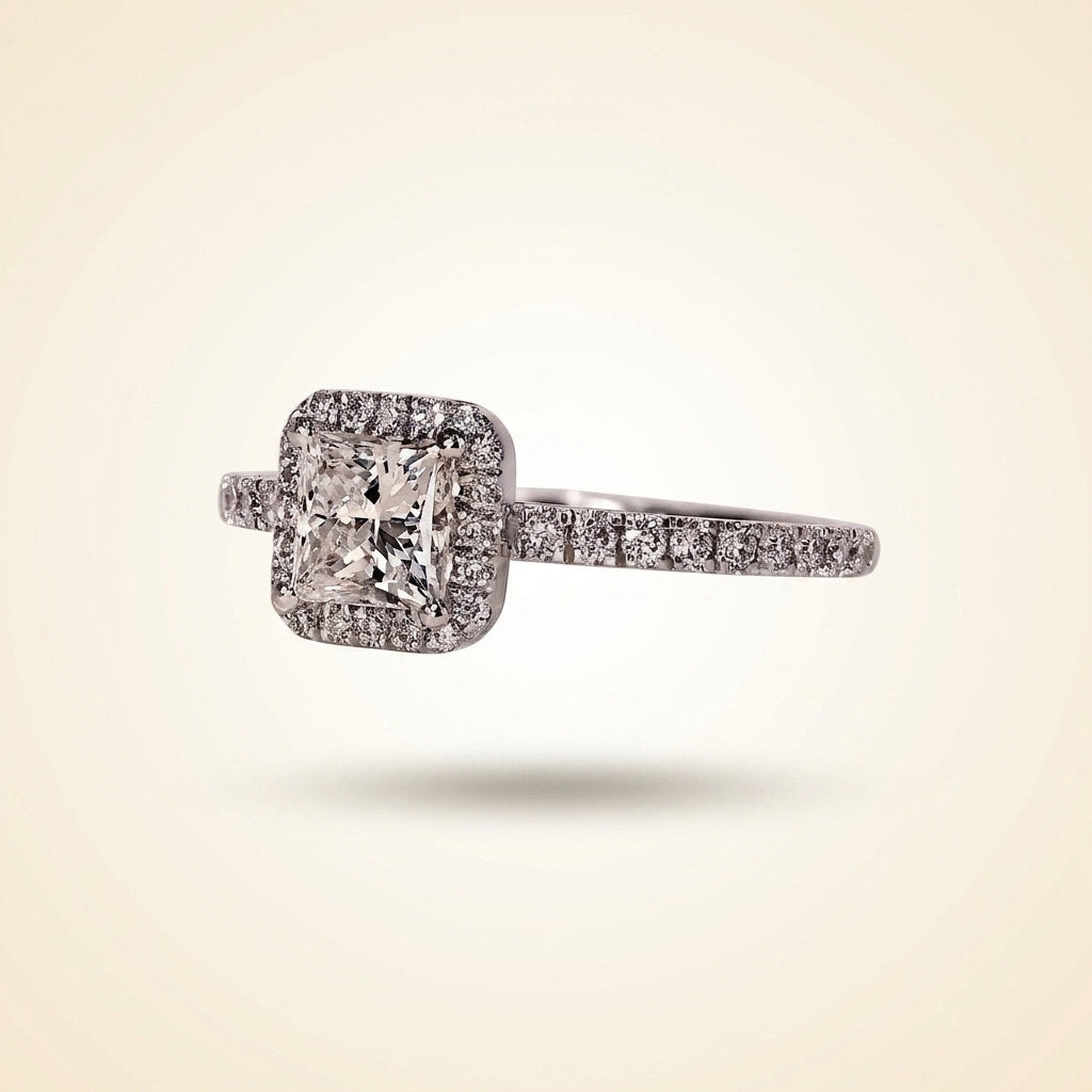 princess cut diamond halo engagement ring with pave band