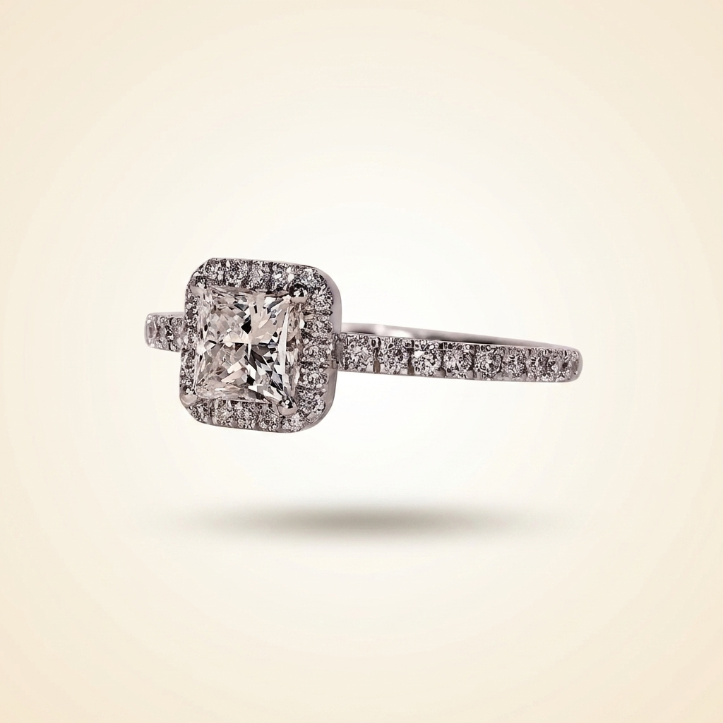 princess cut diamond halo engagement ring with pave band