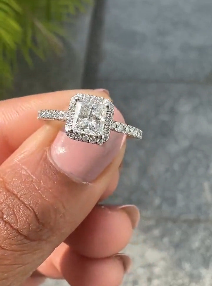 princess cut diamond halo engagement ring with pave band