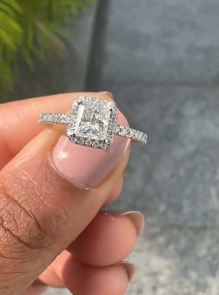 princess cut diamond halo engagement ring with pave band