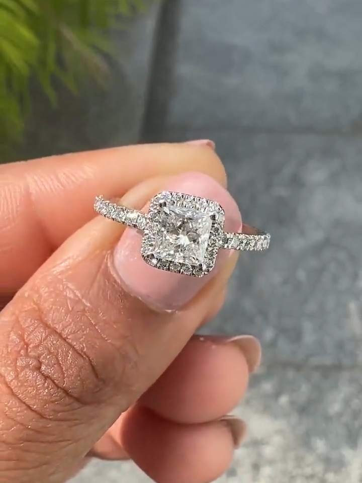 princess cut diamond halo engagement ring with pave band