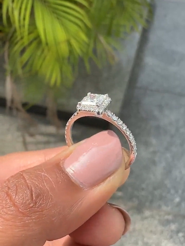 princess cut diamond halo engagement ring with pave band