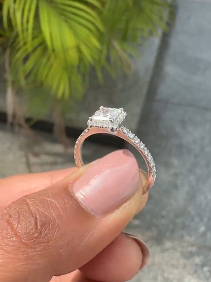 Princess Cut Diamond Halo Engagement Ring with Pave Band