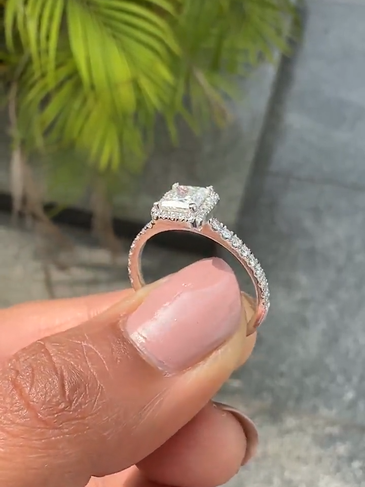 princess cut diamond halo engagement ring with pave band