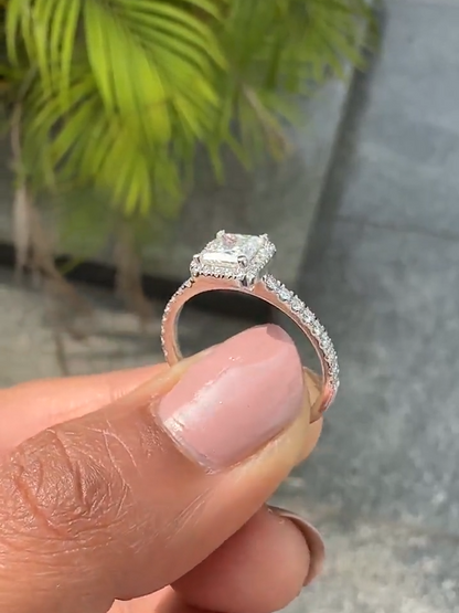 Princess Cut Diamond Halo Engagement Ring with Pave Band