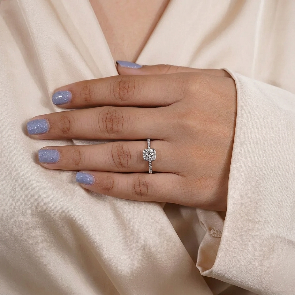 princess cut diamond halo engagement ring with pave band