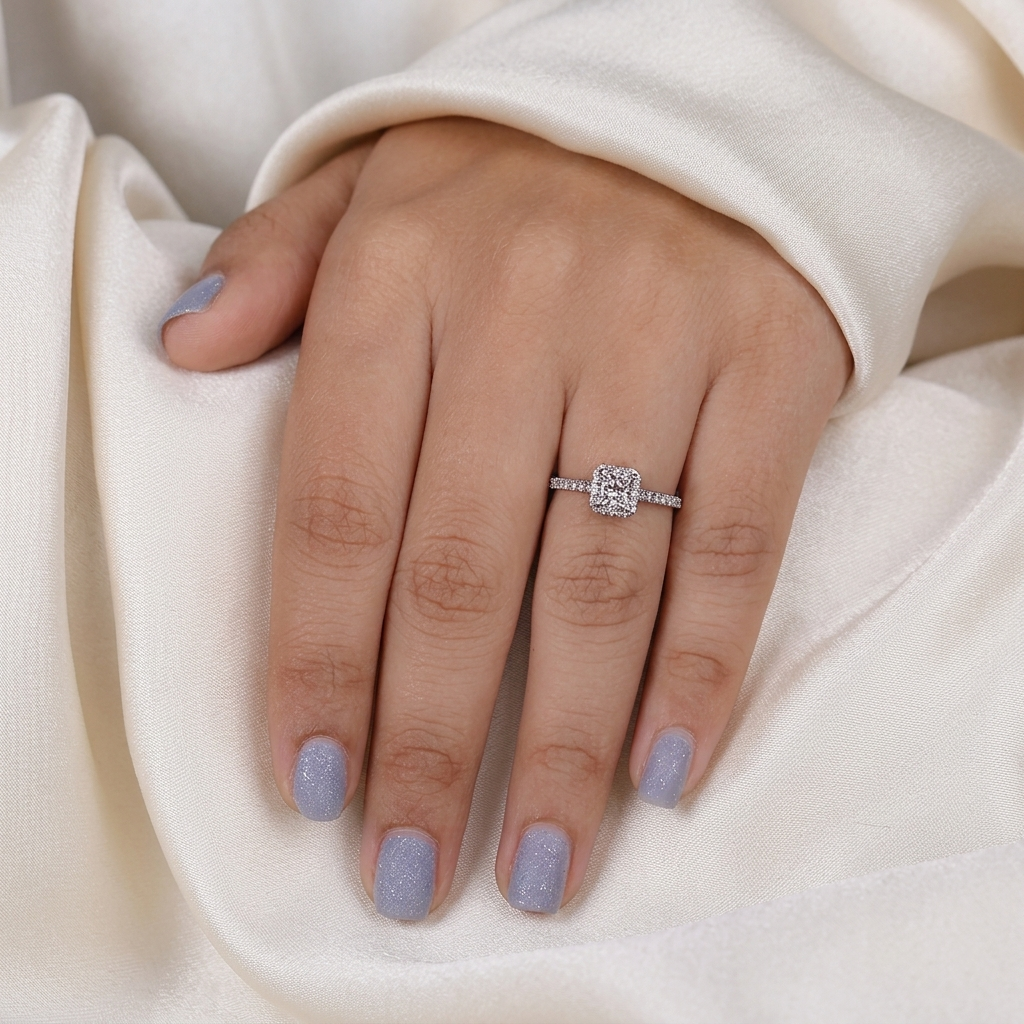 princess cut diamond halo engagement ring with pave band