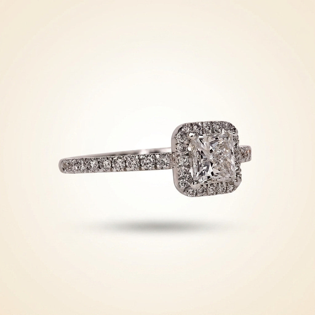 princess cut diamond halo engagement ring with pave band