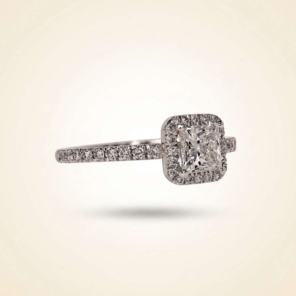 princess cut diamond halo engagement ring with pave band