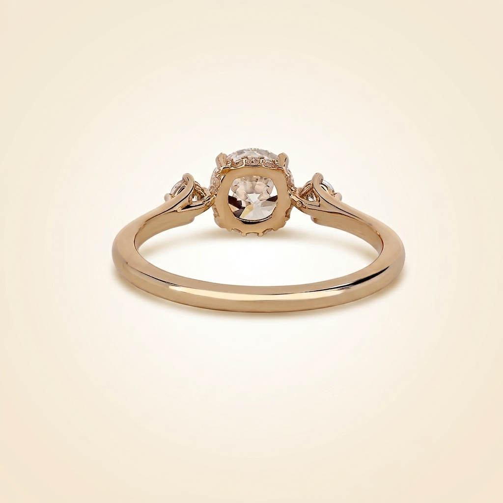 round cut diamond 3-stone engagement ring with hidden halo