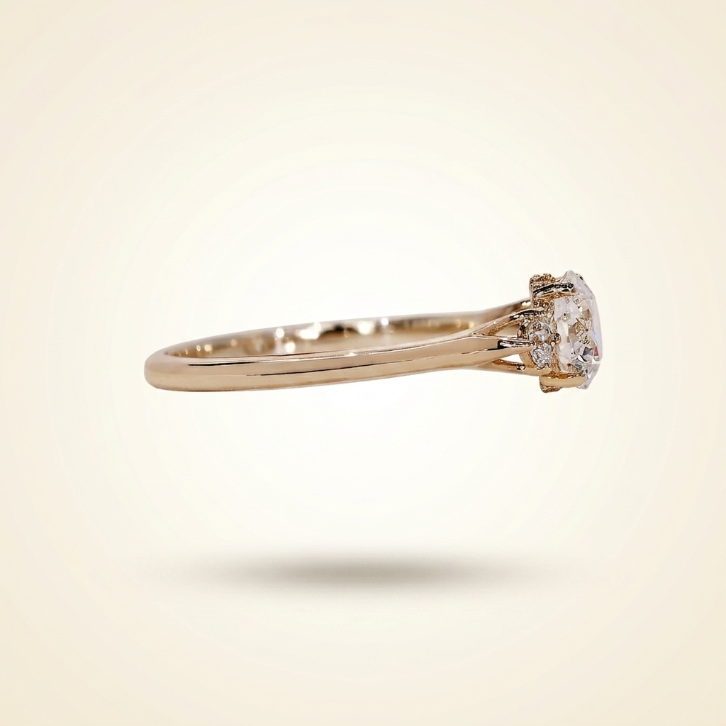 round cut diamond 3-stone engagement ring with hidden halo