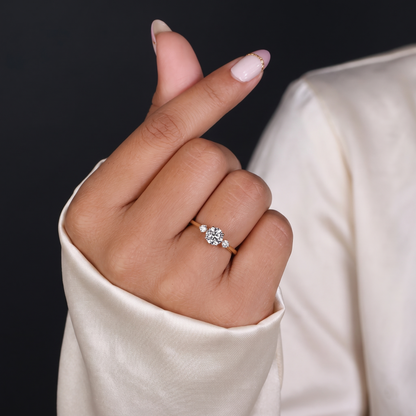 Round Cut Diamond 3-Stone Engagement Ring with Hidden Halo