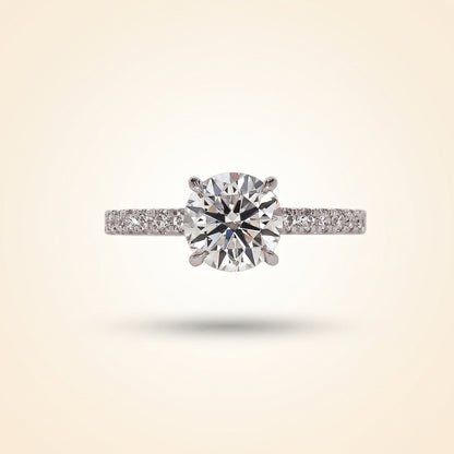 Round Cut Diamond Engagement Ring with Pave Band and Hidden Halo