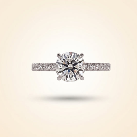 Round Cut Diamond Engagement Ring with Pave Band and Hidden Halo
