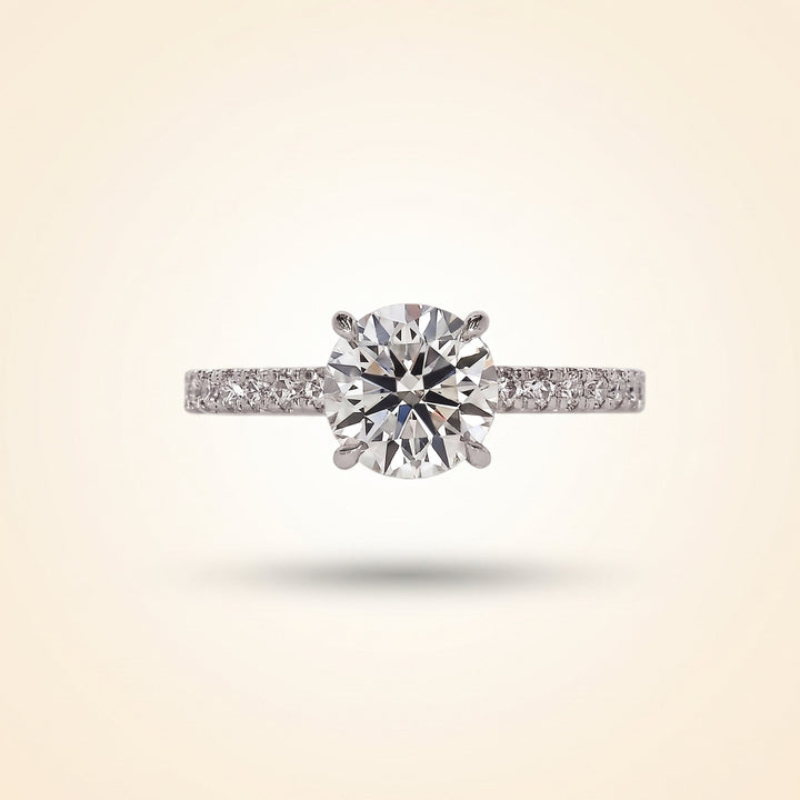 Round Cut Diamond Engagement Ring with Pave Band and Hidden Halo