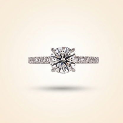 Round Cut Diamond Engagement Ring with Pave Band and Hidden Halo