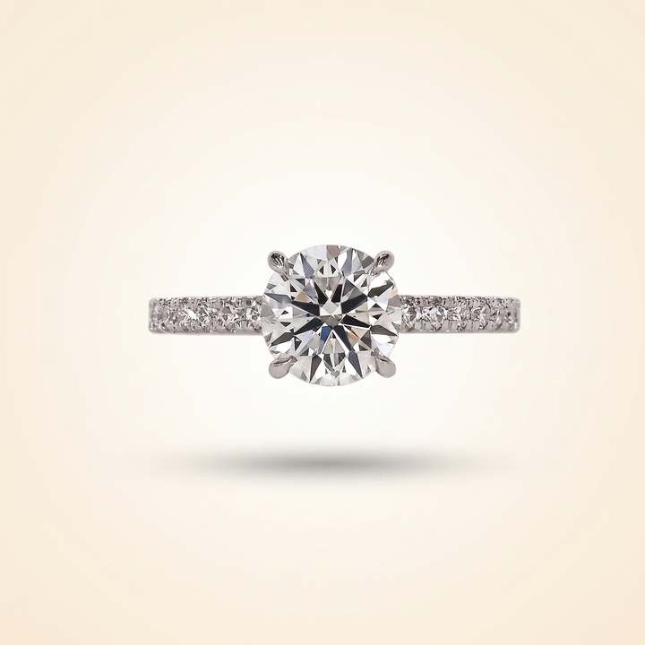 Round Cut Diamond Engagement Ring with Pave Band and Hidden Halo