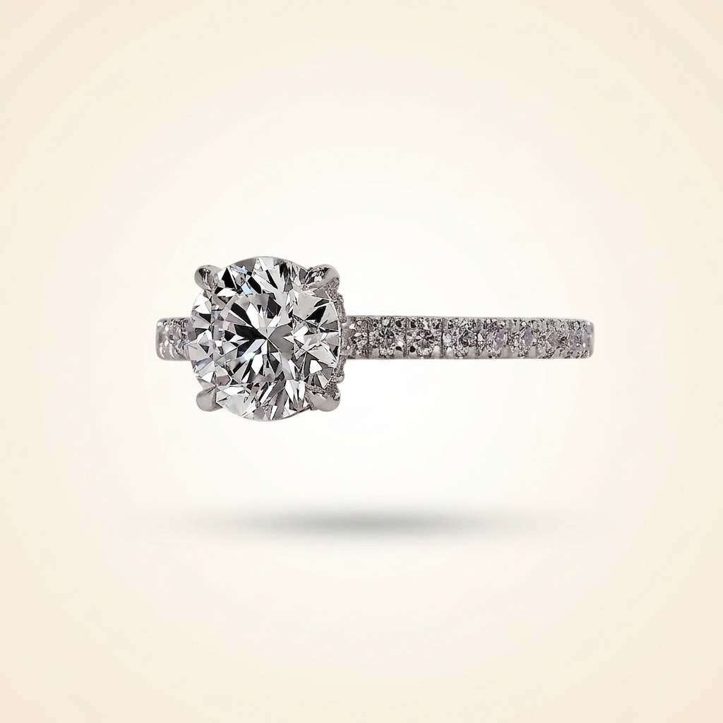 round cut diamond engagement ring with pave band and hidden halo