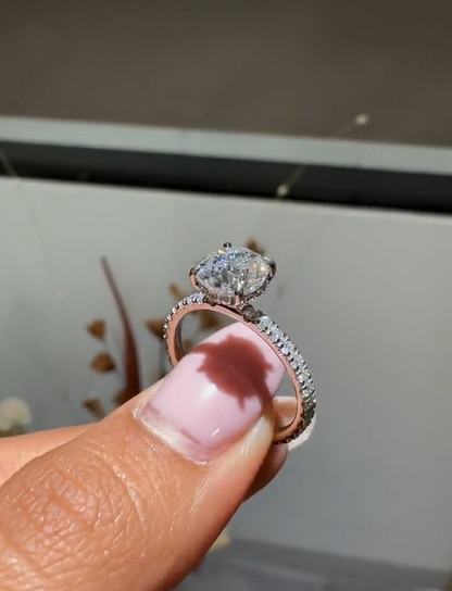 Round Cut Diamond Engagement Ring with Pave Band and Hidden Halo