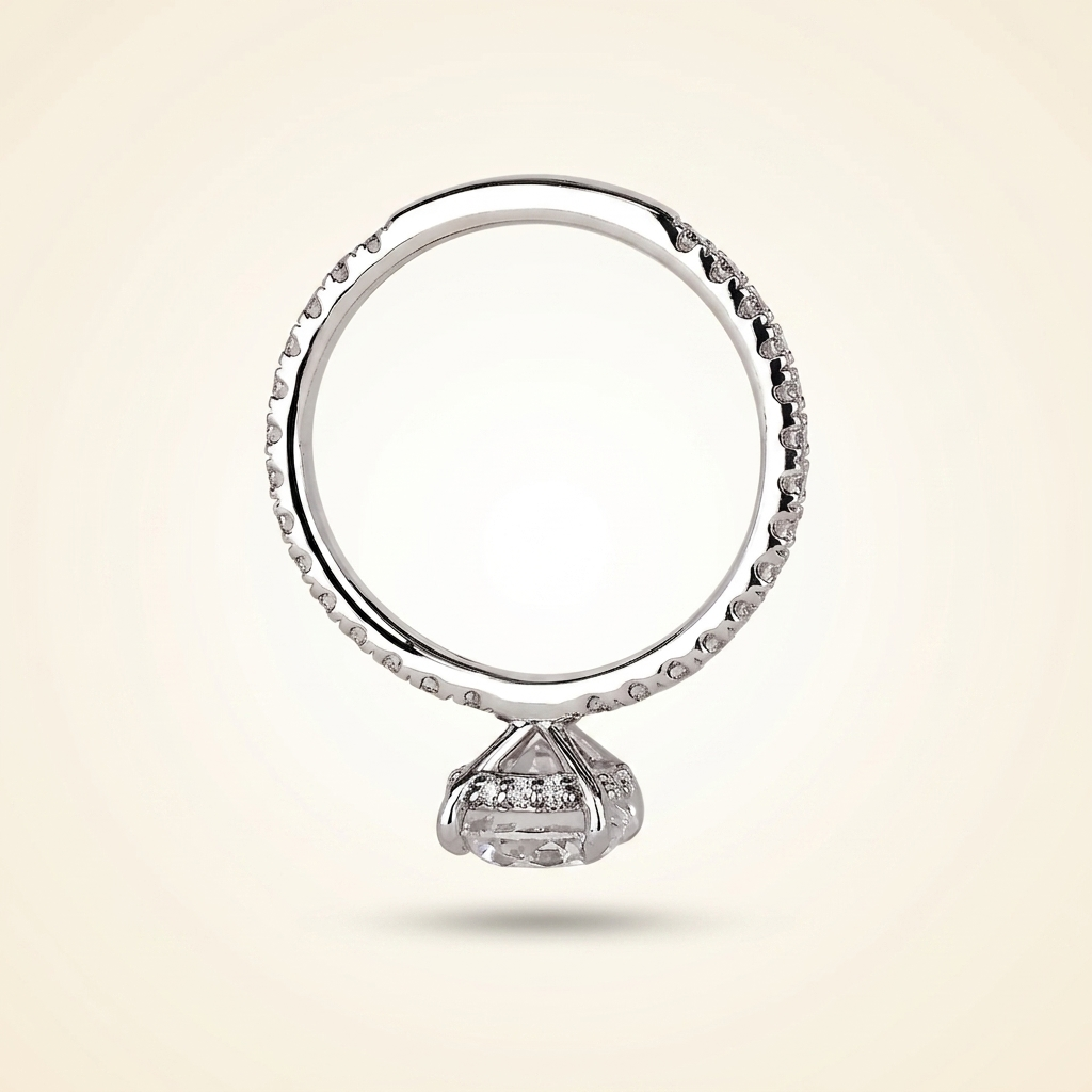 round cut diamond engagement ring with pave band and hidden halo