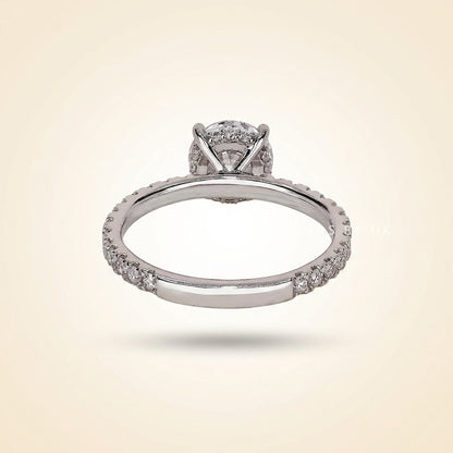 Round Cut Diamond Engagement Ring with Pave Band and Hidden Halo