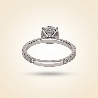 Round Cut Diamond Engagement Ring with Pave Band and Hidden Halo