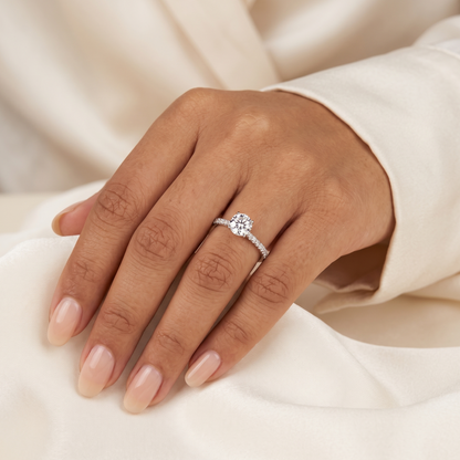 Round Cut Diamond Engagement Ring with Pave Band and Hidden Halo