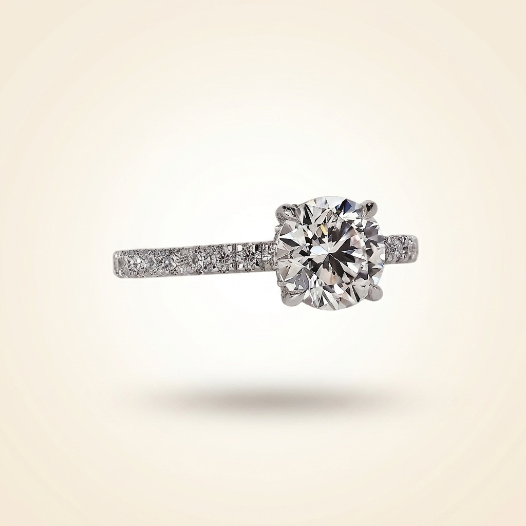 round cut diamond engagement ring with pave band and hidden halo