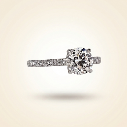 Round Cut Diamond Engagement Ring with Pave Band and Hidden Halo