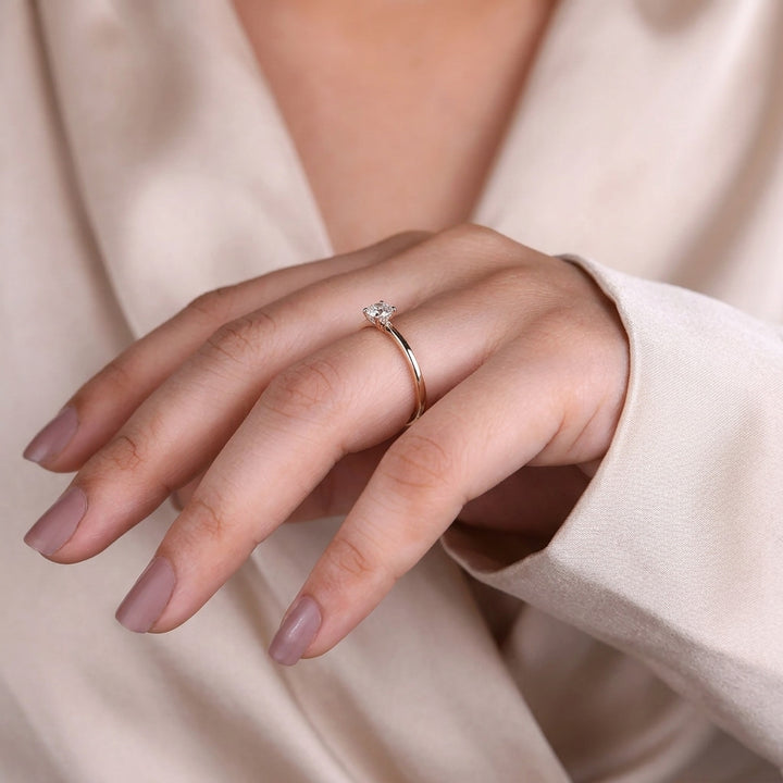 Round Cut Diamond Solitaire Engagement Ring with Dainty Plain Band