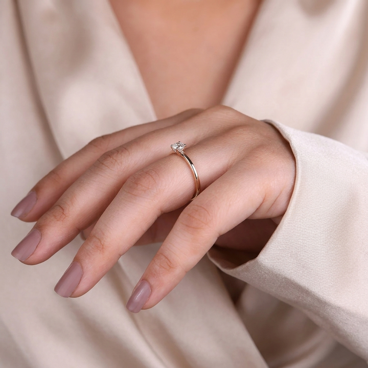 Round Cut Diamond Solitaire Engagement Ring with Dainty Plain Band