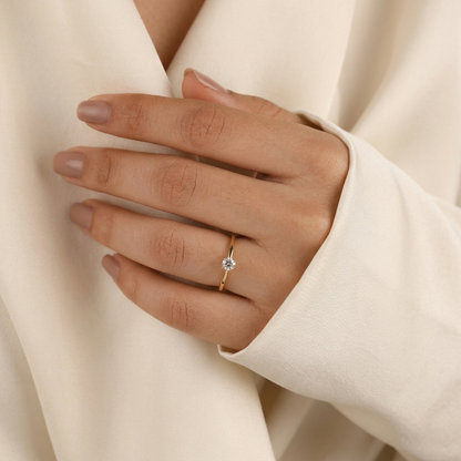 Round Cut Diamond Solitaire Engagement Ring with Dainty Plain Band