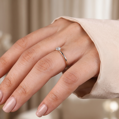 Round Cut Diamond Solitaire Engagement Ring with Dainty Plain Band