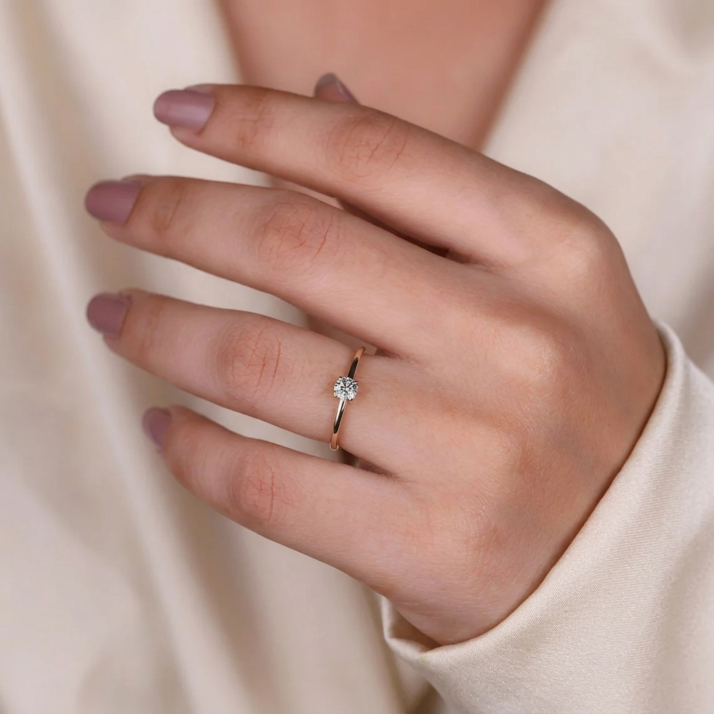 round cut diamond solitaire engagement ring with dainty plain band