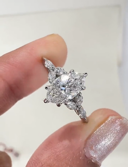 Marquise Cut Diamond Engagement Ring with Leaf Cluster Side Stones