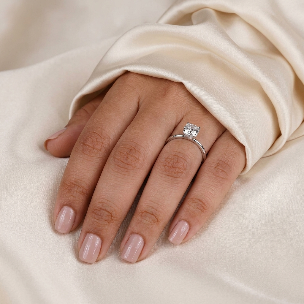 round cut hidden halo diamond engagement ring