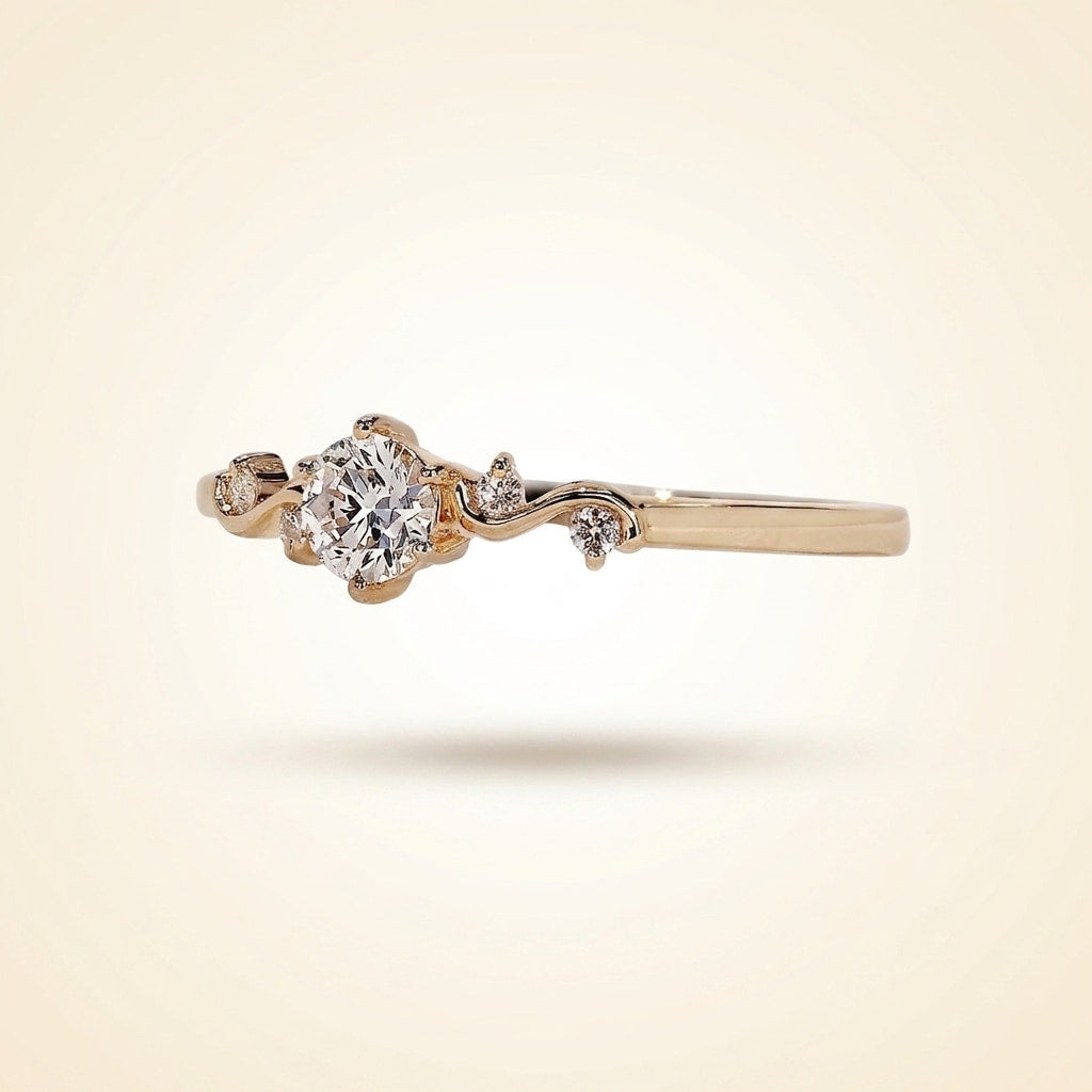 round cut diamond engagement ring with vine accent band