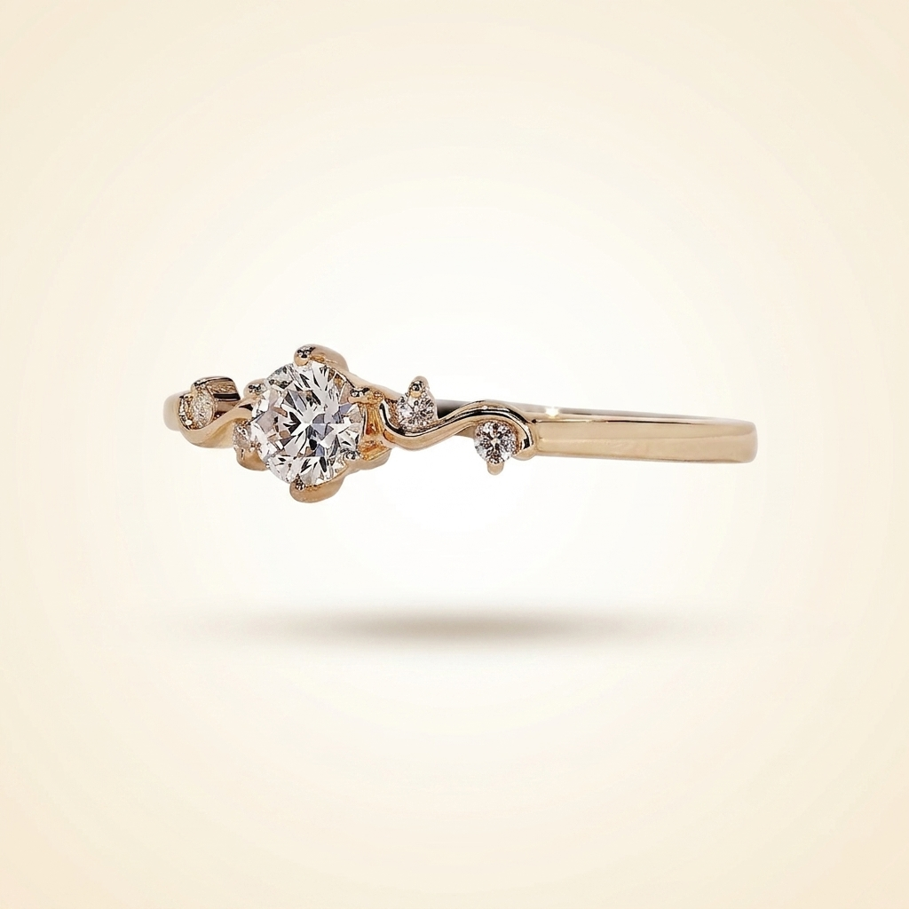 round cut diamond engagement ring with vine accent band