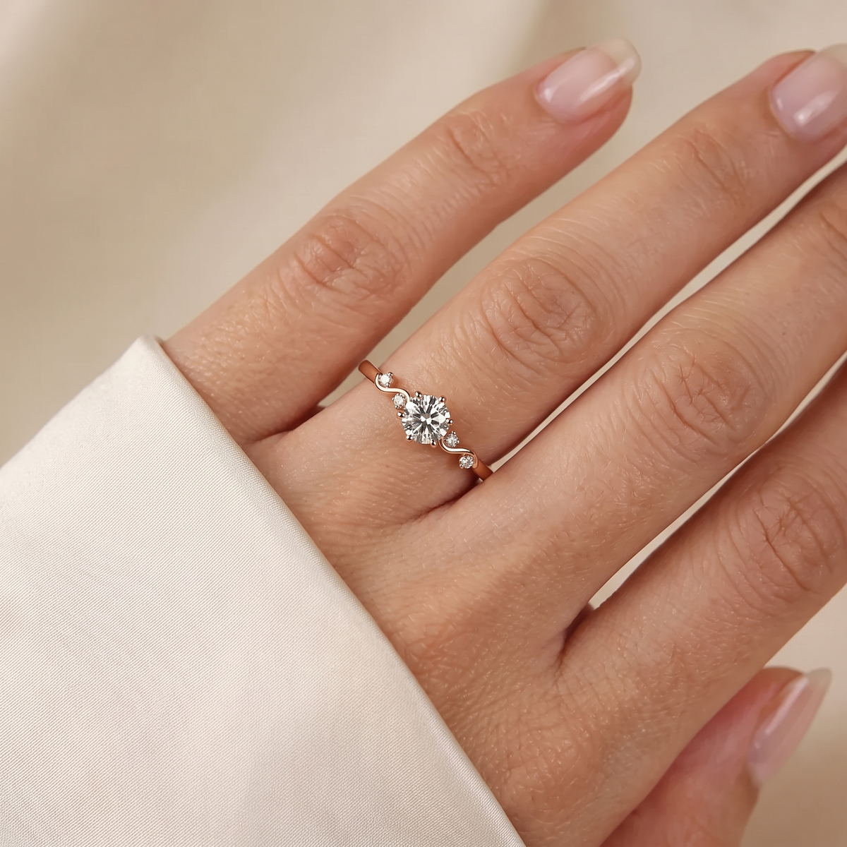 round cut diamond engagement ring with vine accent band