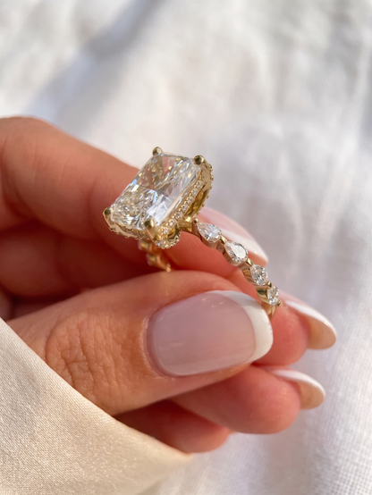 Radiant Cut Lab Grown Diamond Engagement Ring, East-West Pear & Round Accent Band, Hidden Halo Bridal Ring, Solid Gold Anniversary Gift For Her
