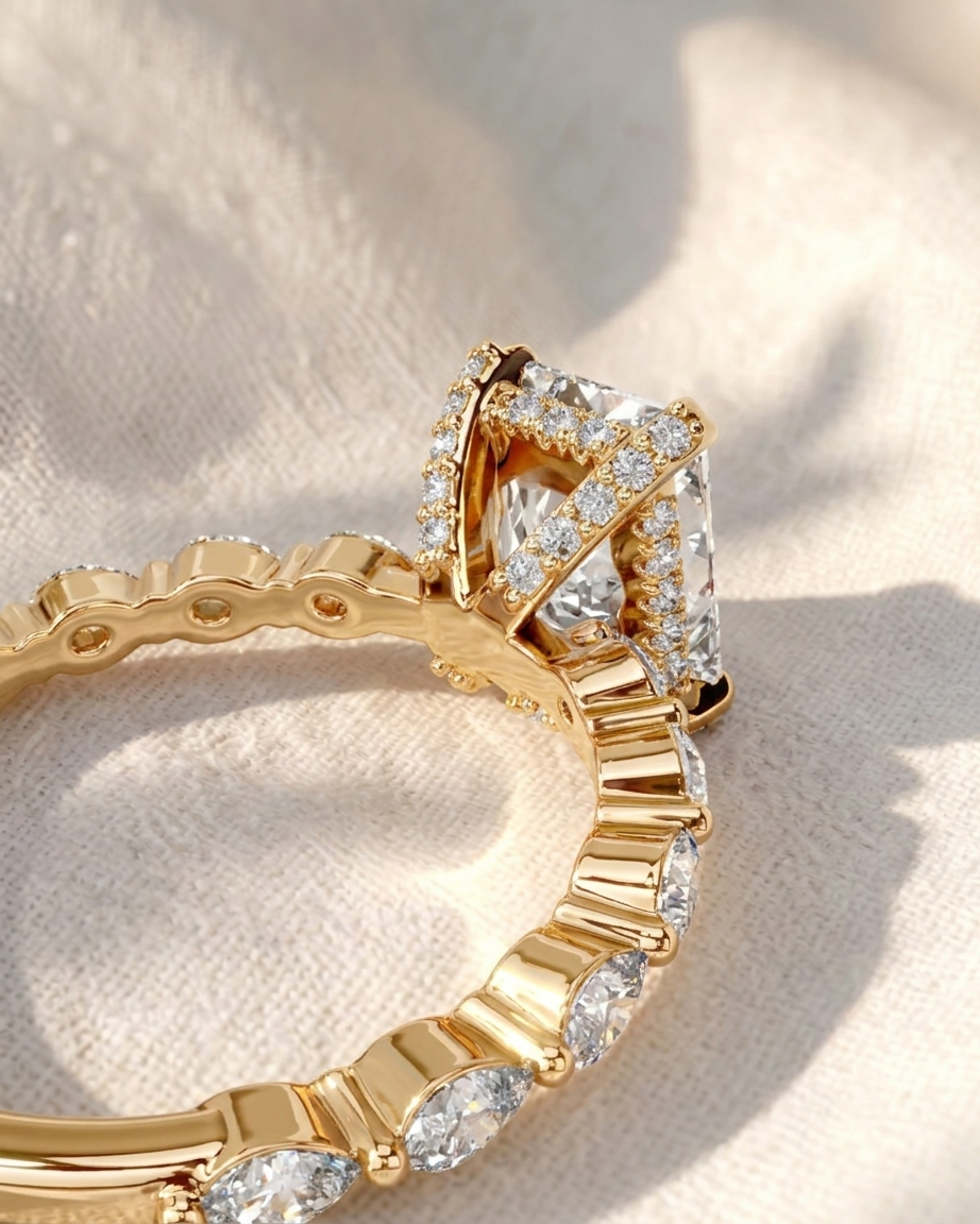 radiant cut lab grown diamond engagement ring, east-west pear & round accent band, hidden halo bridal ring, solid gold anniversary gift for her