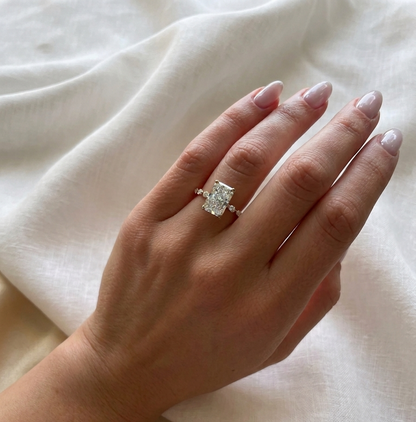 Radiant Cut Lab Grown Diamond Engagement Ring, East-West Pear & Round Accent Band, Hidden Halo Bridal Ring, Solid Gold Anniversary Gift For Her