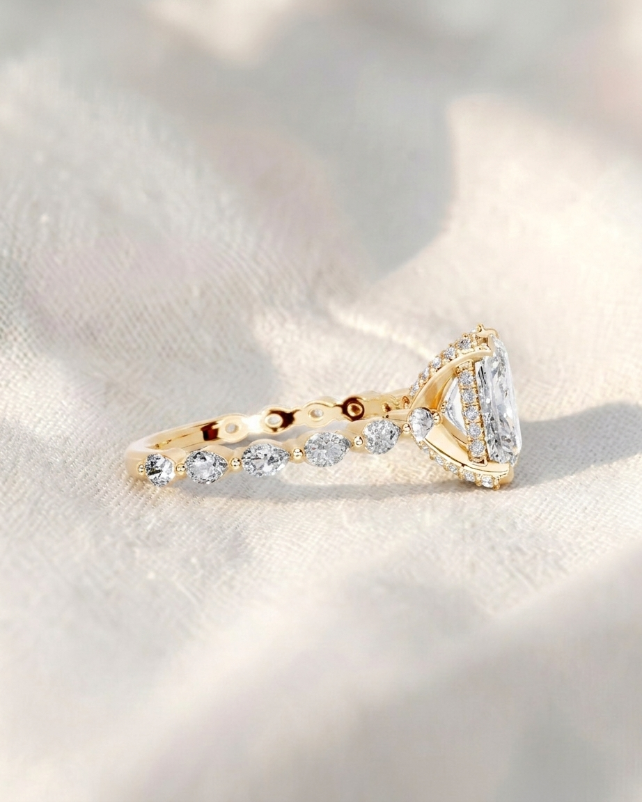 radiant cut lab grown diamond engagement ring, east-west pear & round accent band, hidden halo bridal ring, solid gold anniversary gift for her