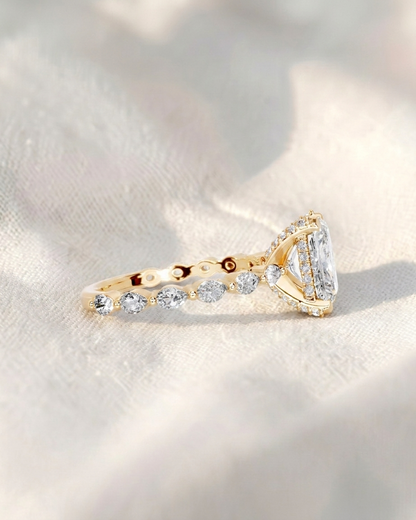 Radiant Cut Lab Grown Diamond Engagement Ring, East-West Pear & Round Accent Band, Hidden Halo Bridal Ring, Solid Gold Anniversary Gift For Her