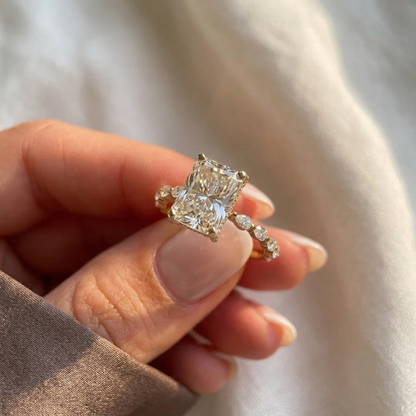 Radiant Cut Lab Grown Diamond Engagement Ring, East-West Pear & Round Accent Band, Hidden Halo Bridal Ring, Solid Gold Anniversary Gift For Her