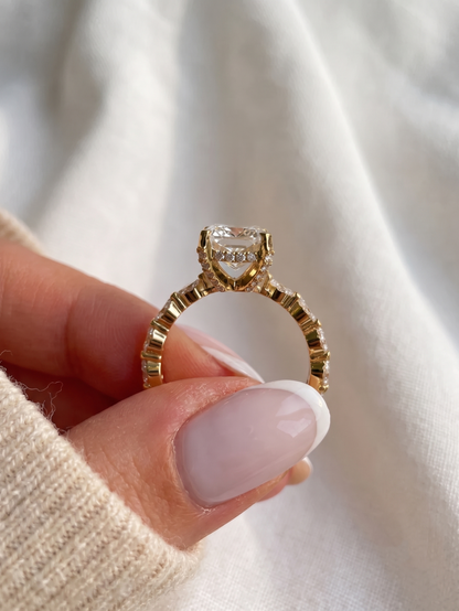 Radiant Cut Lab Grown Diamond Engagement Ring, East-West Pear & Round Accent Band, Hidden Halo Bridal Ring, Solid Gold Anniversary Gift For Her