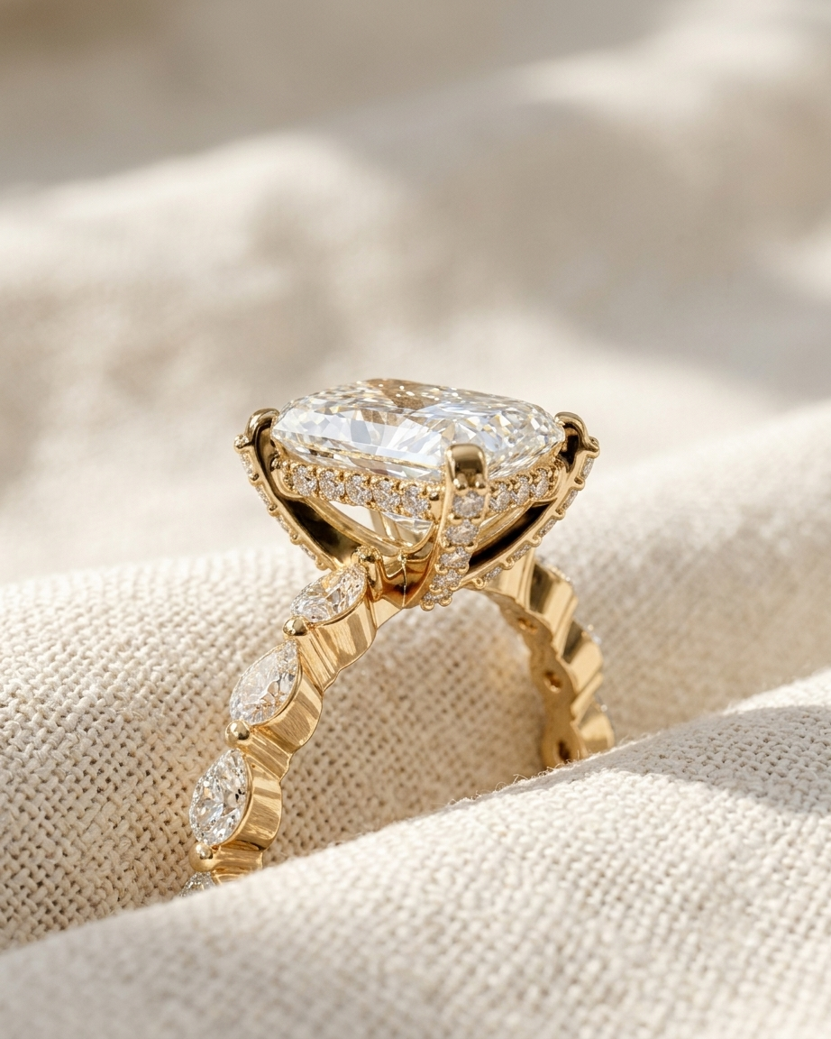 radiant cut lab grown diamond engagement ring, east-west pear & round accent band, hidden halo bridal ring, solid gold anniversary gift for her